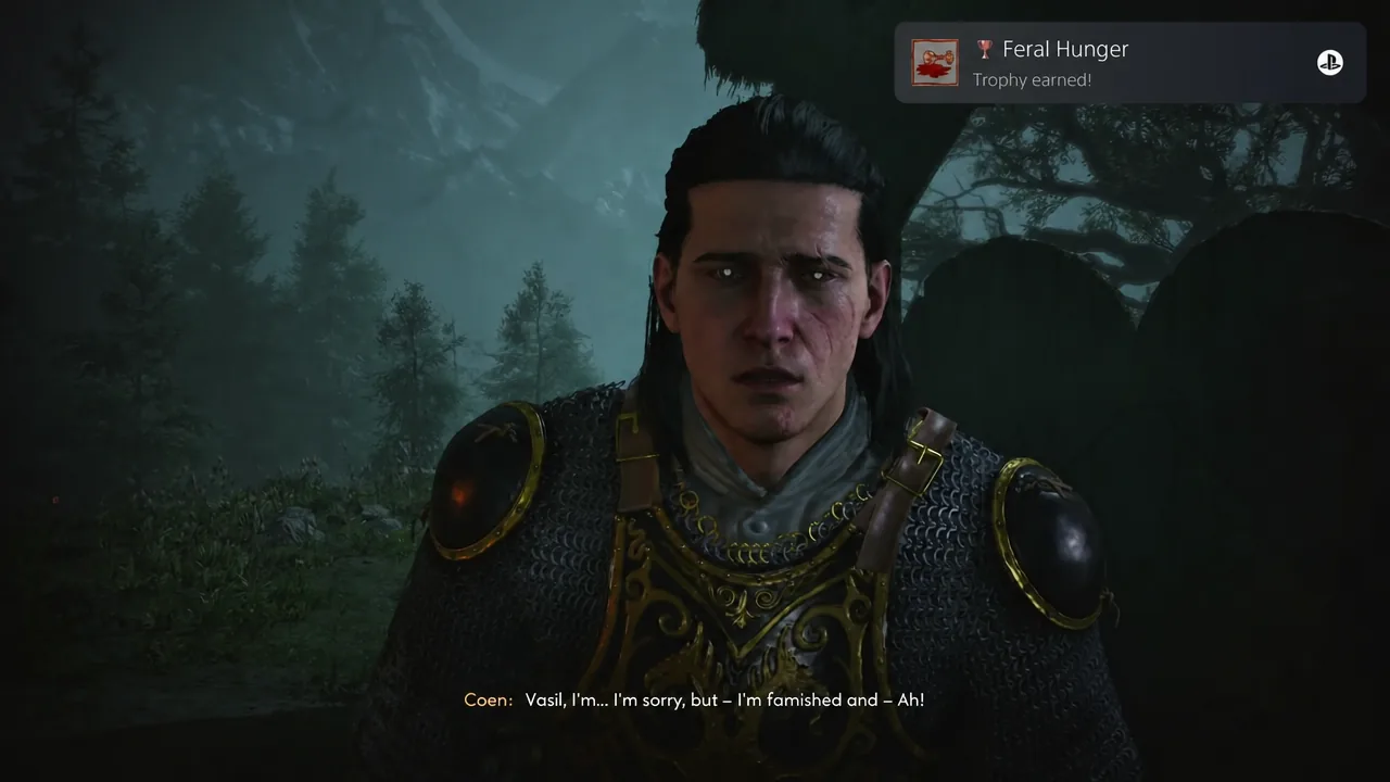 Cutscene dialogue with the Feral Hunger trophy notification on screen