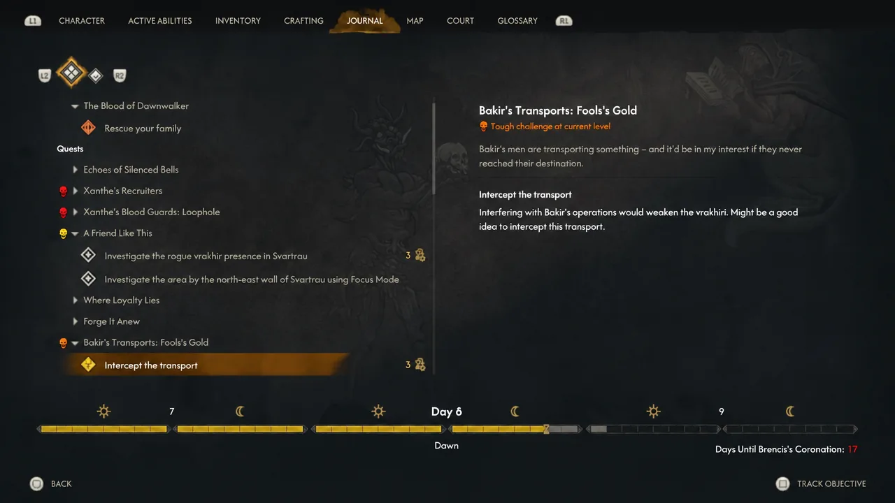 Journal entry with the Intercept the transport objective highlighted