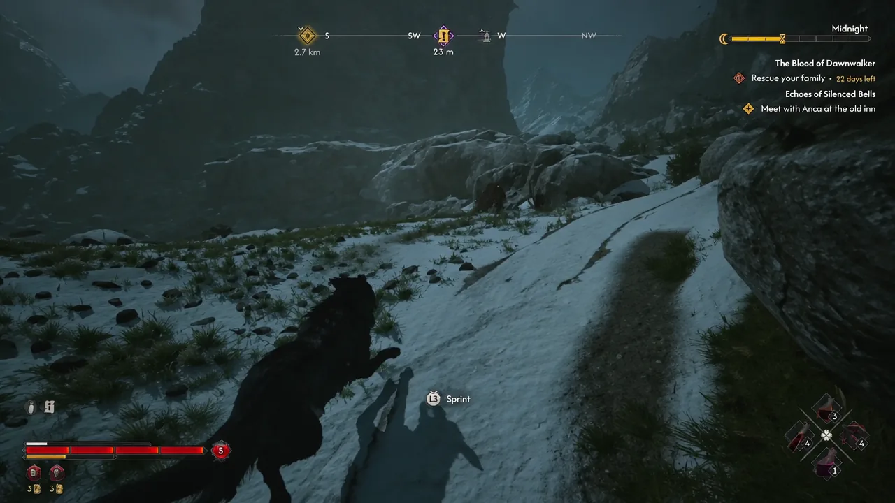 Coen sprinting through a snowy mountain pass with the L3 sprint prompt on screen