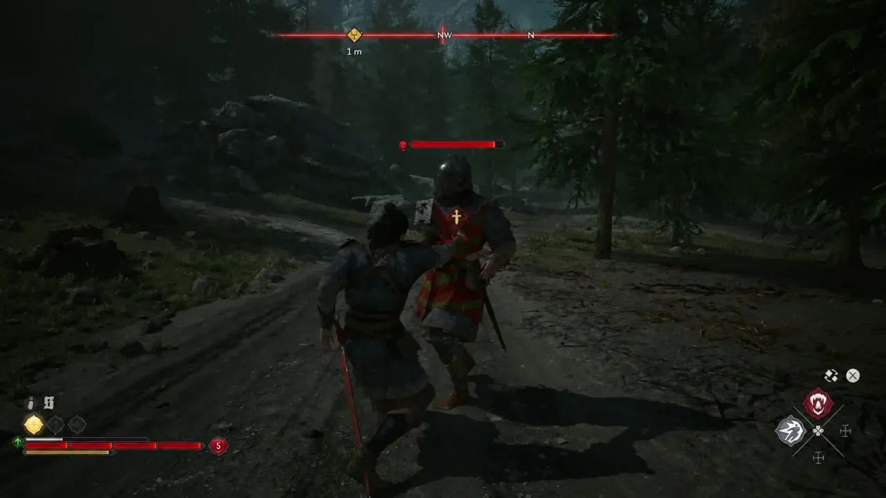 Coen attacking a targeted armoured transport guard at close range in a forest