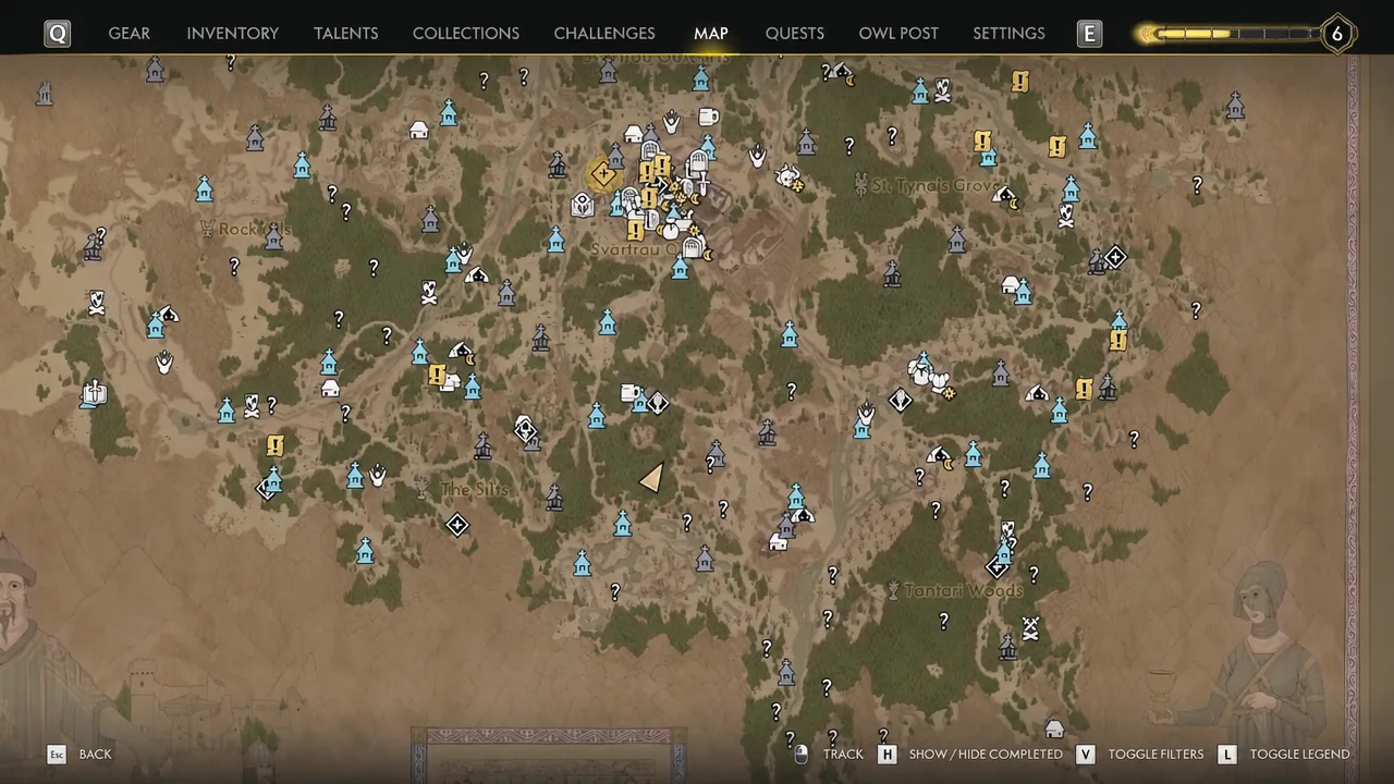 Map screen used to check off remaining bandit camp markers late in a clearing run