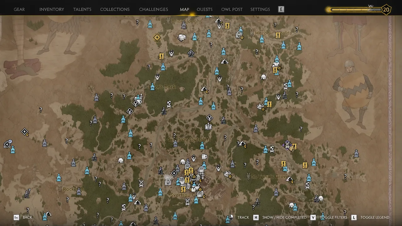 World map screen with the MAP tab open and camp markers spread across the region