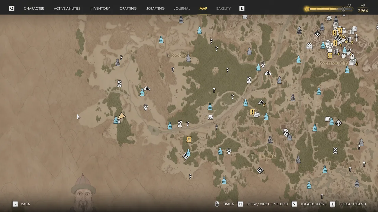 Map screen with a marker set while matching a treasure map sketch to the terrain