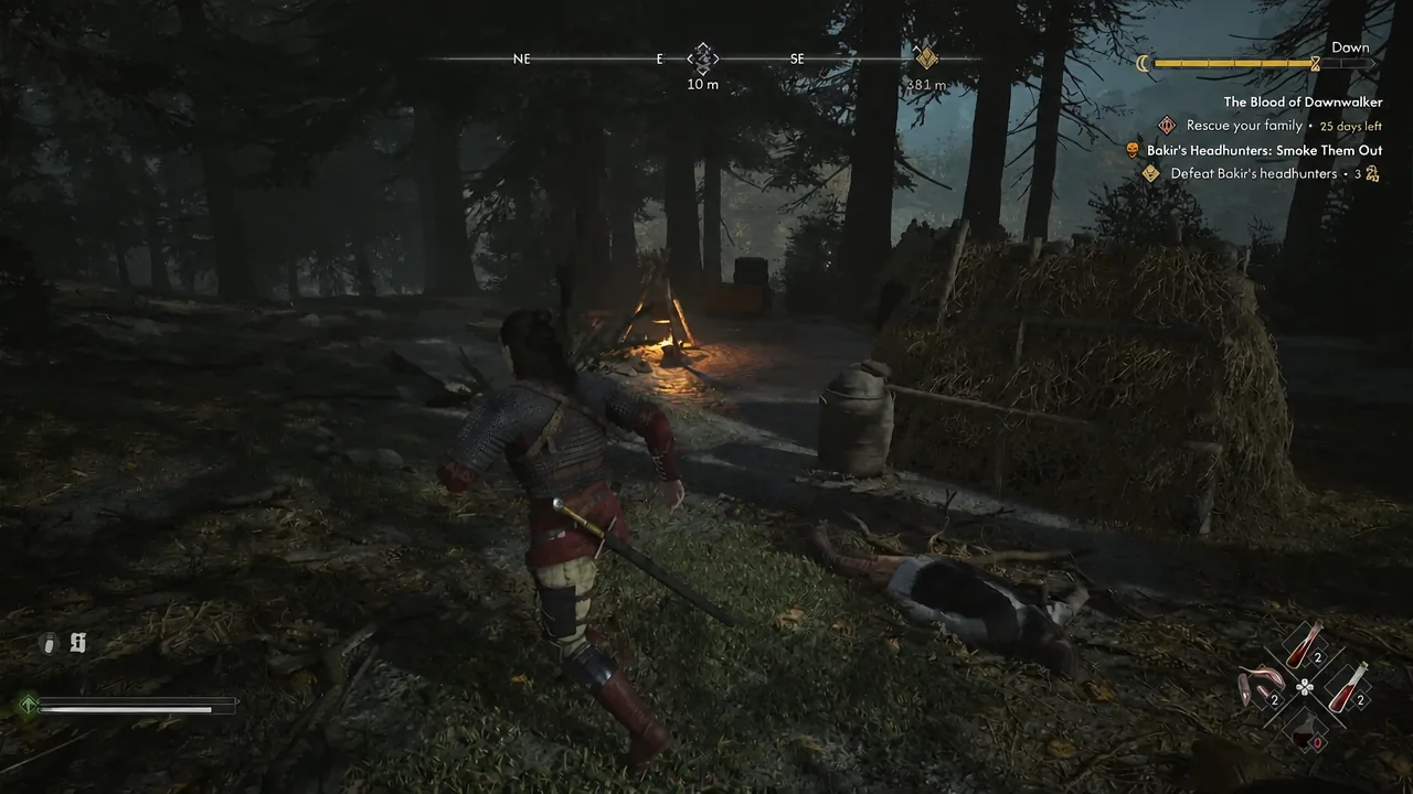 Forest bandit camp with the quest tracker showing Bakir's Headhunters: Smoke Them Out