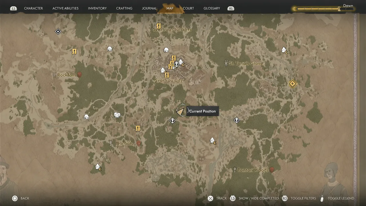Map screen with the Current Position marker highlighted to line up with a treasure map landmark