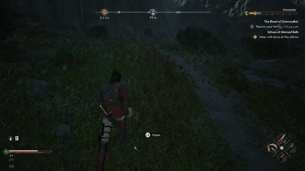 Player running toward a camp with the compass and quest tracker on screen and the Haste prompt visible
