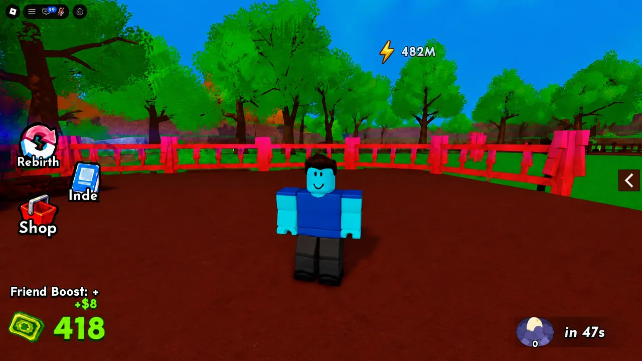 Player character standing idle in Ride A Pet with the Shop button visible on the HUD
