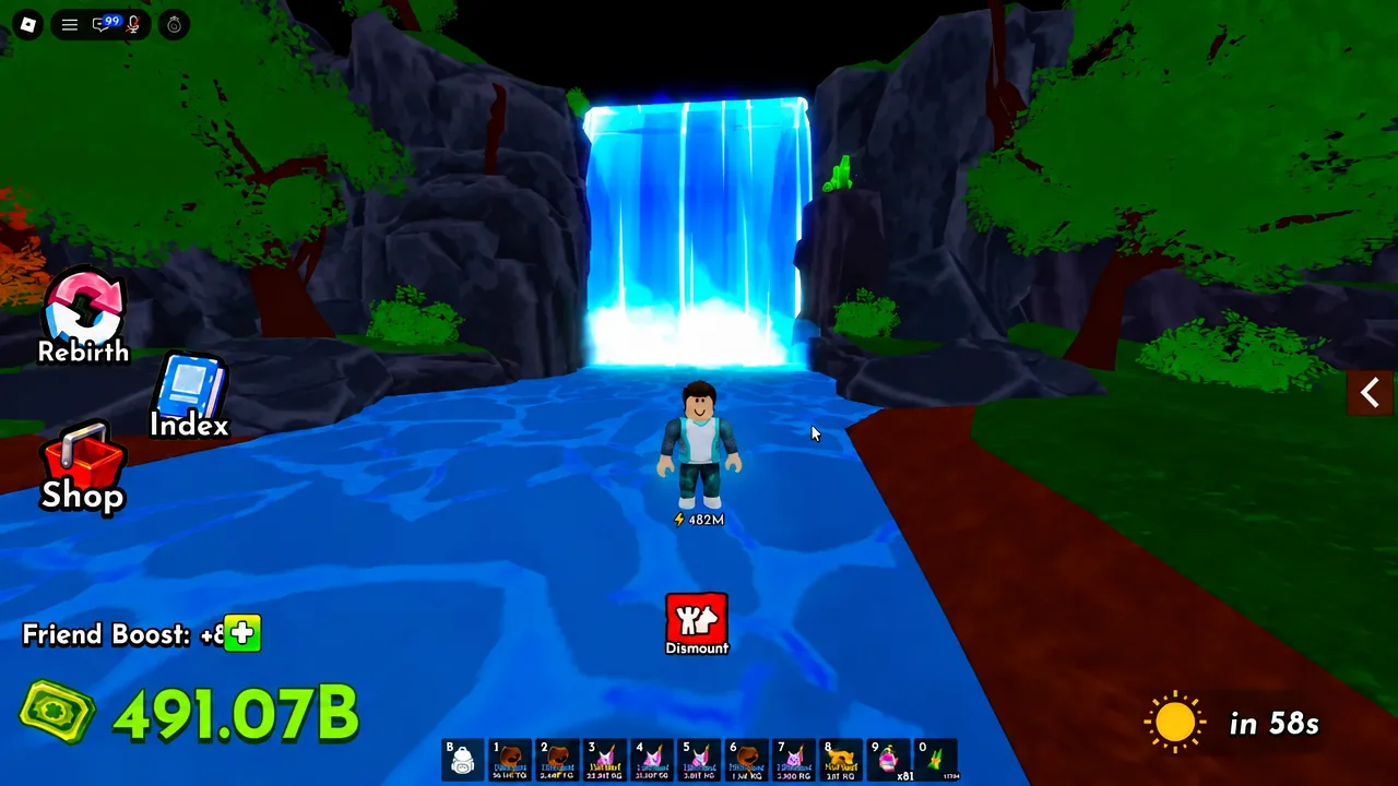 Dismount button displayed below the mounted player character in Ride A Pet