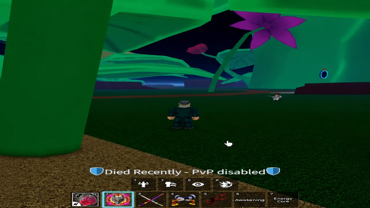 Blox Fruits HUD with the second hotbar slot selected and a Died Recently PvP disabled status showing