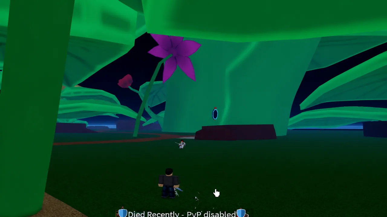 A small glowing blue flower sitting against a large tree trunk as the player moves toward it