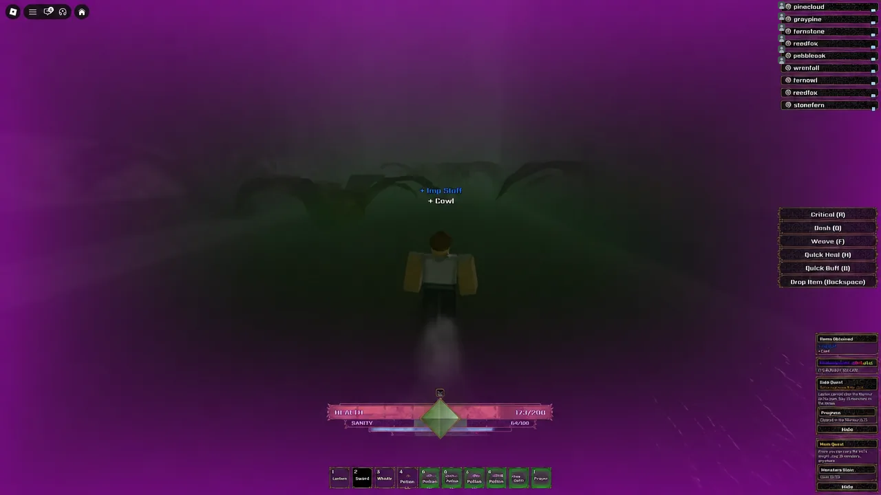 Picking up the highlighted Imp Staff and Cowl drops with the hotbar visible