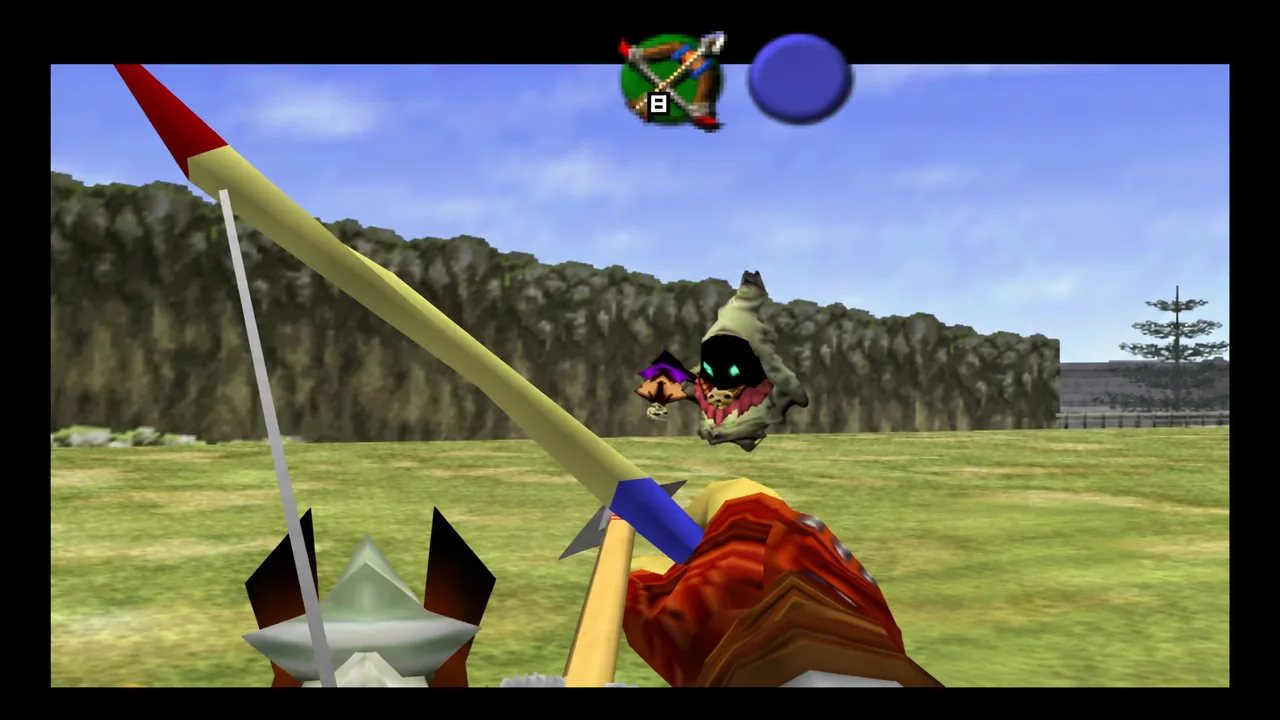 Ocarina of Time gameplay with Link's hearts, mini-map and C-button items on screen