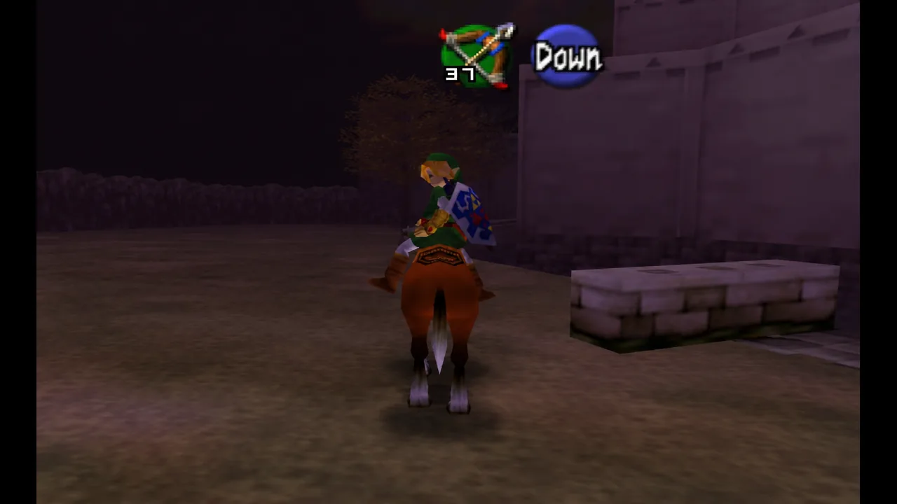 Adult Link rides Epona past a stone structure in Hyrule Field while hunting Big Poes