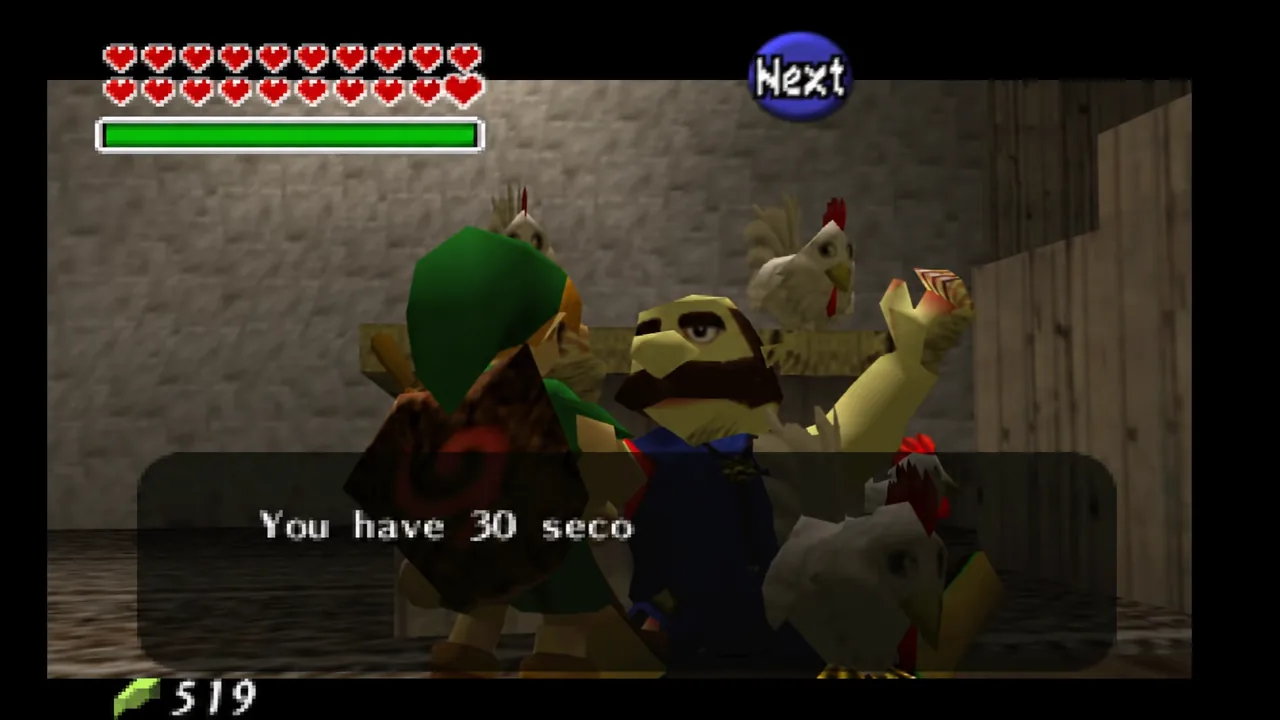 Talon's dialogue box telling Link he has 30 seconds before the Super Cucco game starts