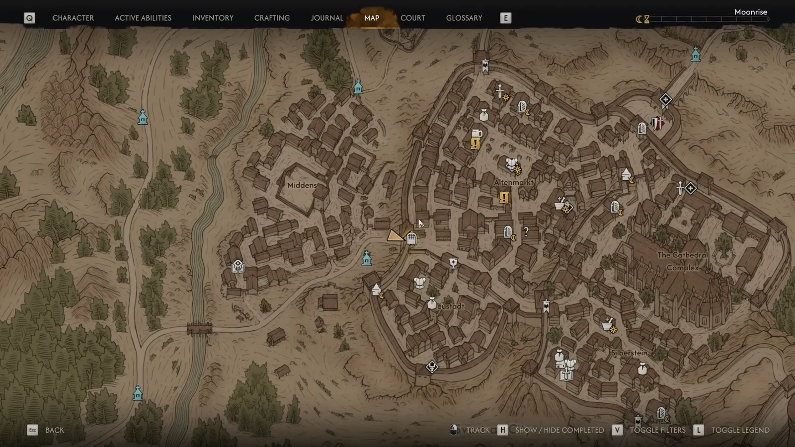 City map screen with district layout and a spread of quest, fast-travel, and point-of-interest markers
