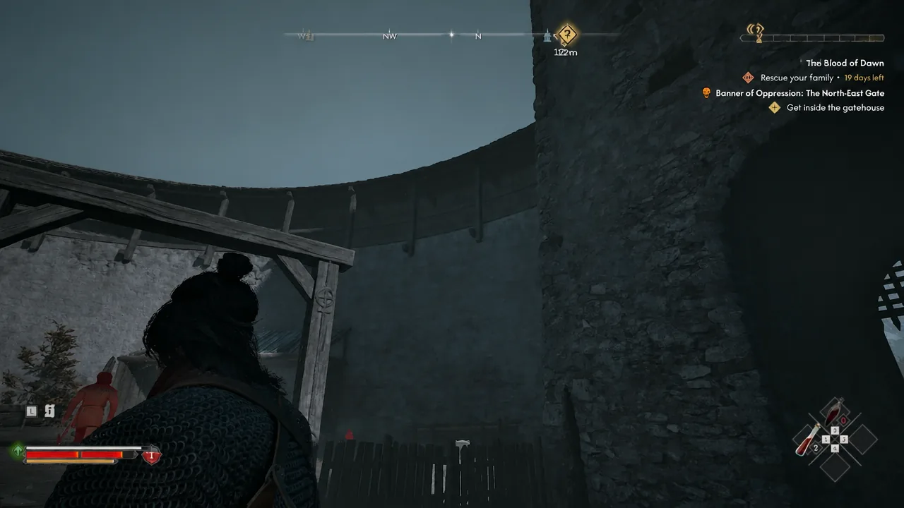 Quest HUD reading Get inside the gatehouse as the player approaches the gate structure