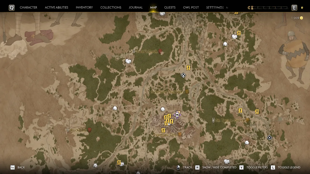 World map screen with the Map tab open, showing quest and location markers around Svartrau