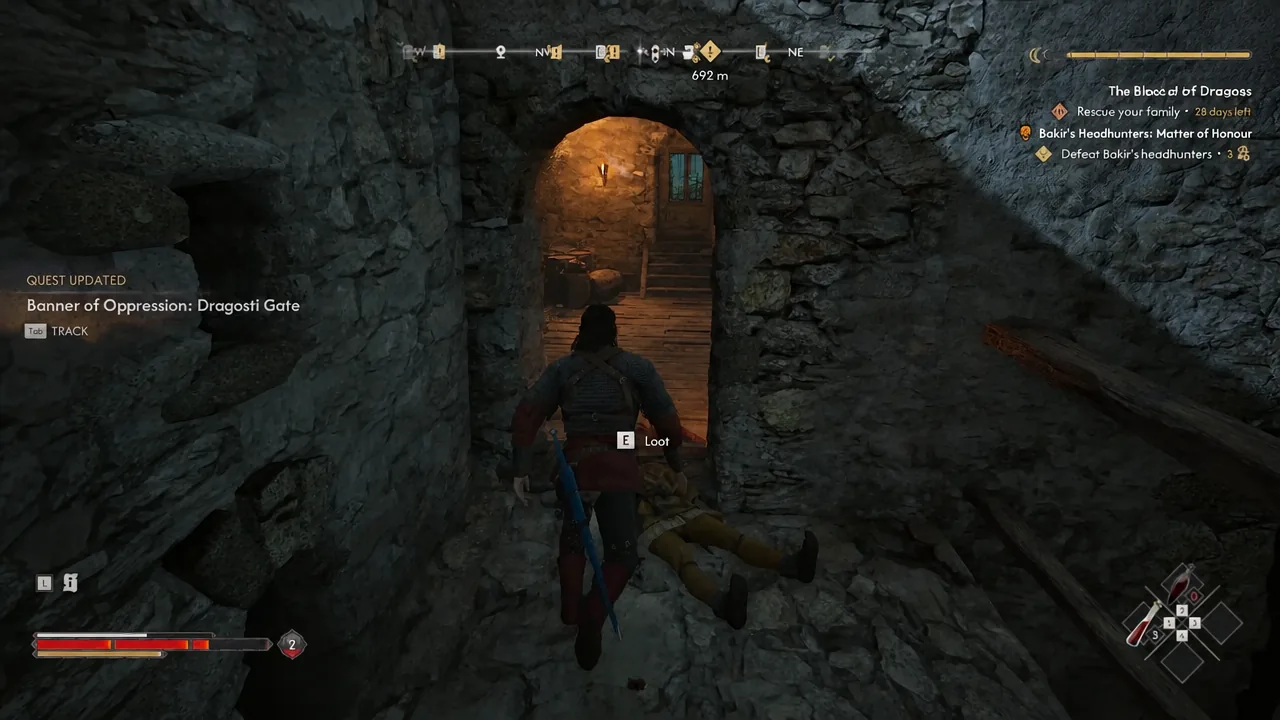 Gameplay screen with the E Loot prompt highlighted over a downed enemy