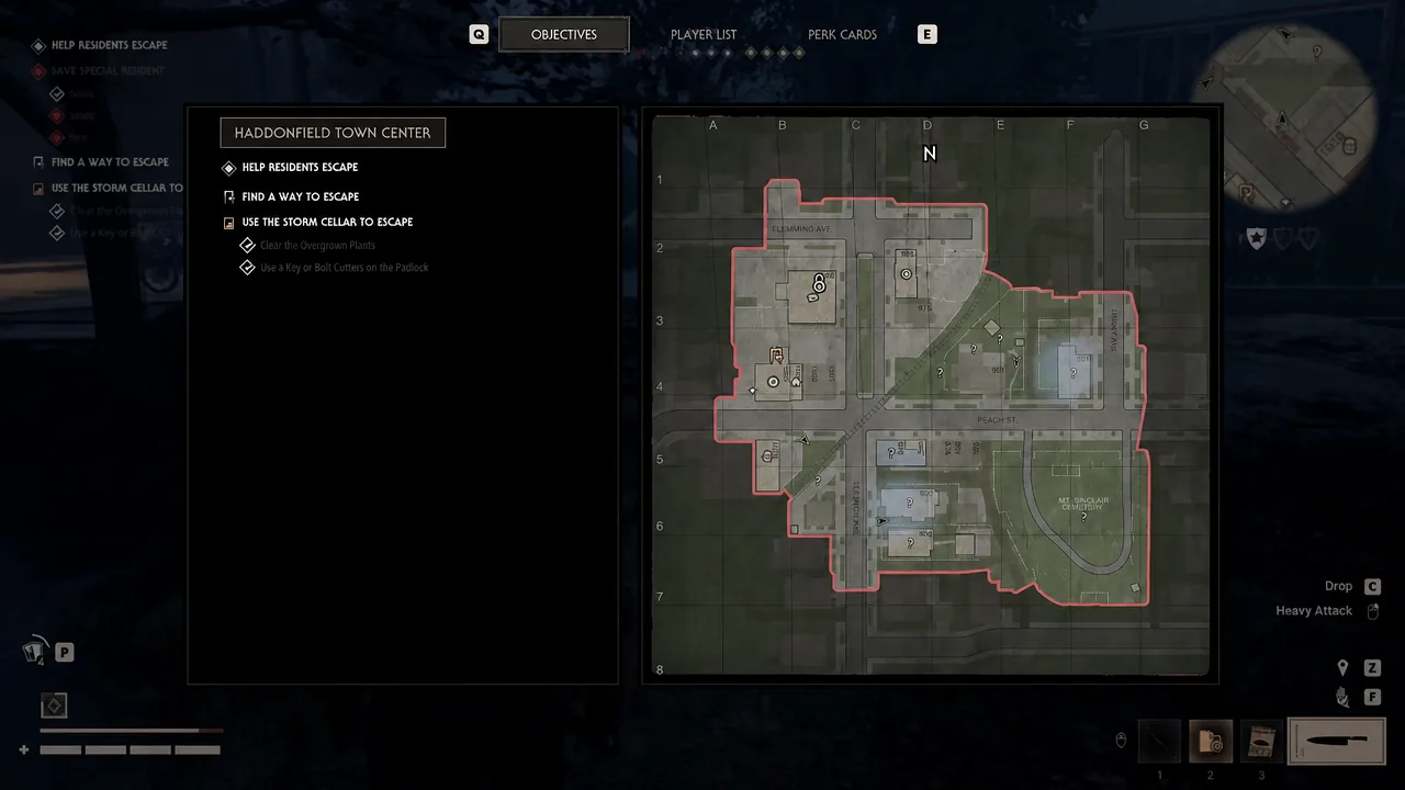Haddonfield Town Center screen with the OBJECTIVES tab selected showing escape objectives and the area map