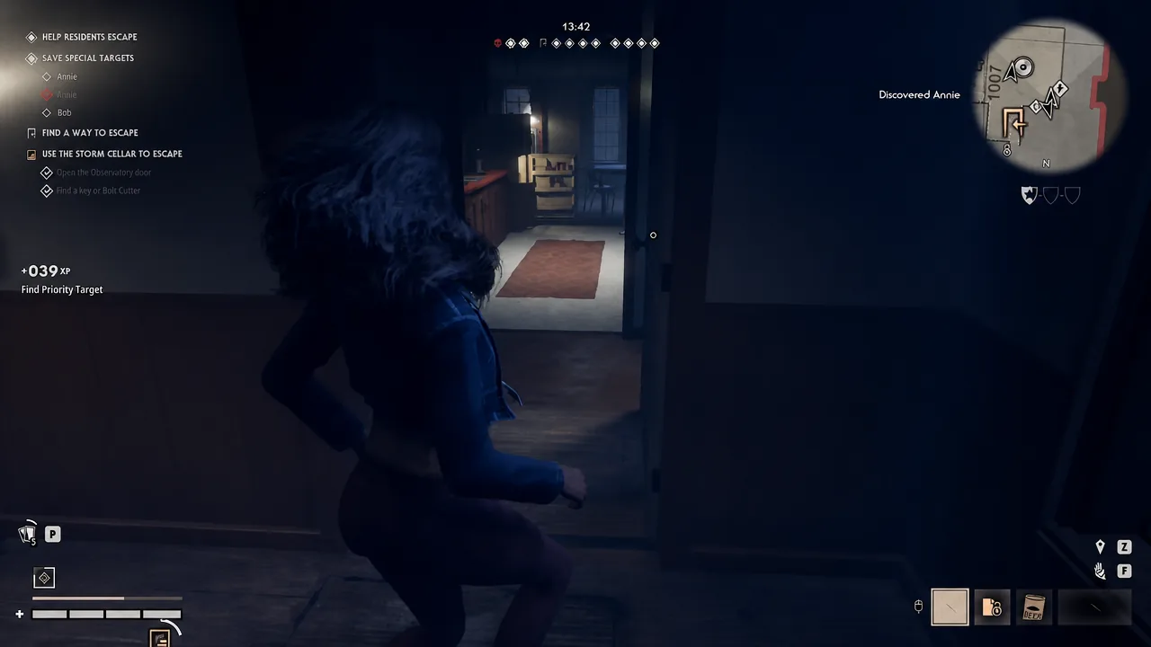 On-screen USE THE STORM CELLAR TO ESCAPE prompt as the crouching Civilian moves to the open doorway