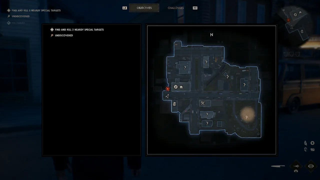 Objectives tab open showing undiscovered locations and two nearby special targets
