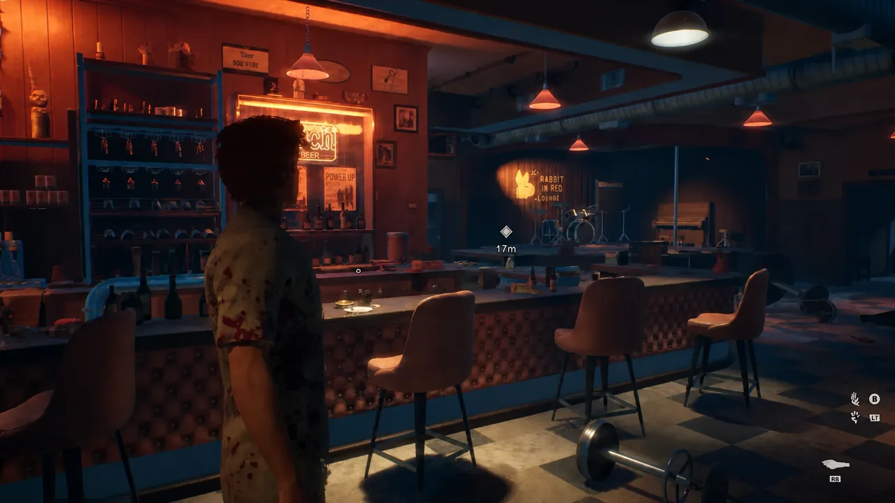 Objective marker showing 17 meters as the player approaches the Rabbit in Red Lounge bar