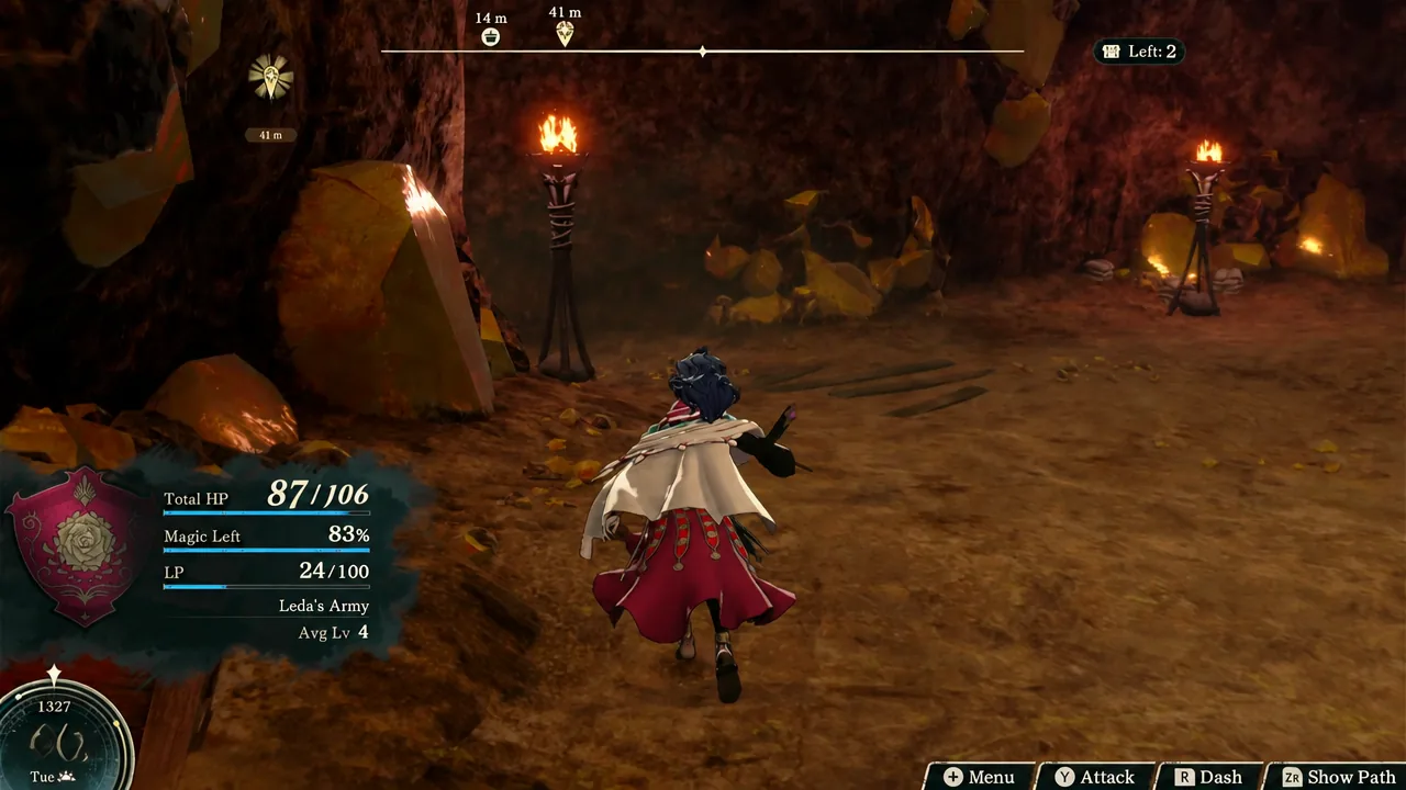 Leda's party running through a torch-lit mine tunnel with health, magic and objective info on the HUD