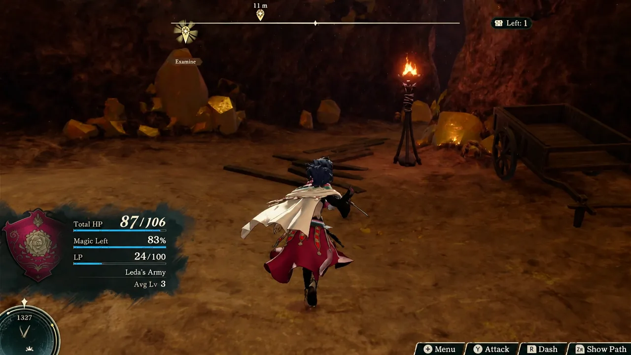 The Examine prompt appears on screen as the character stands next to an object in the mine