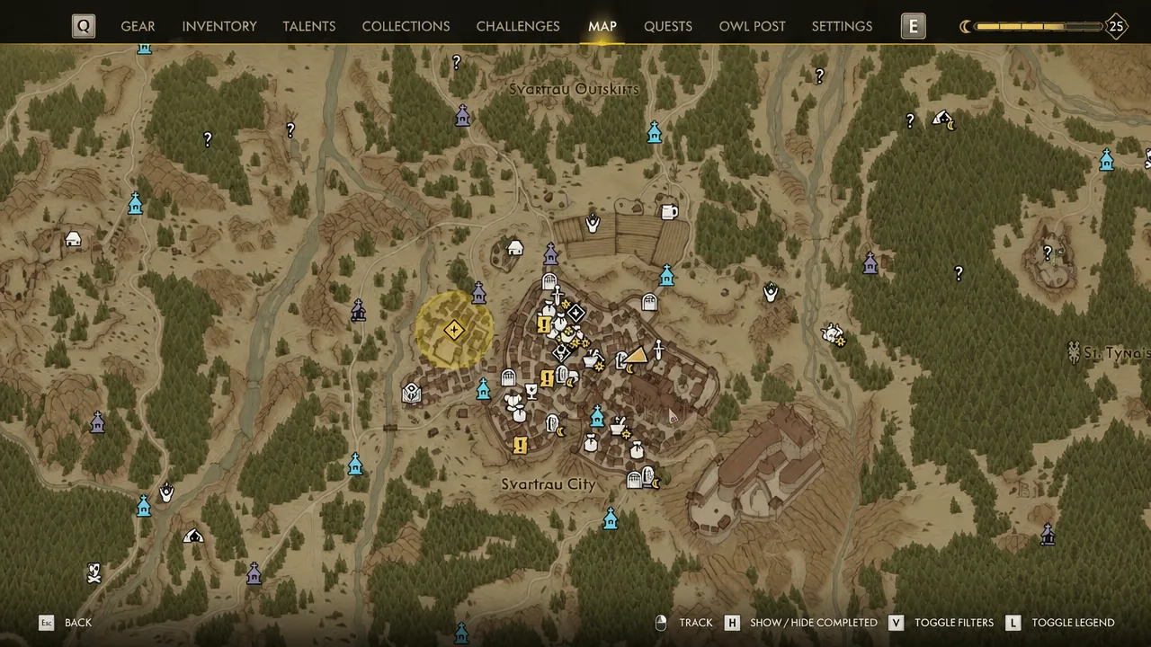Map screen showing a yellow quest marker highlighted west of the city centre