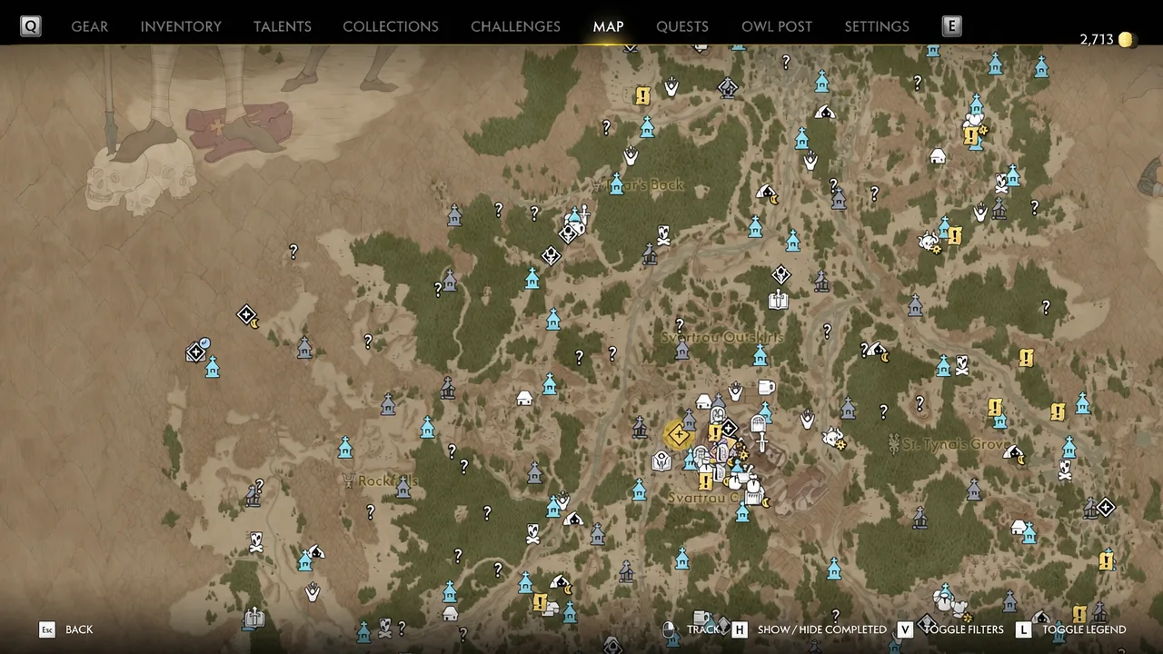World map with location and quest markers shown across central Svartrau City