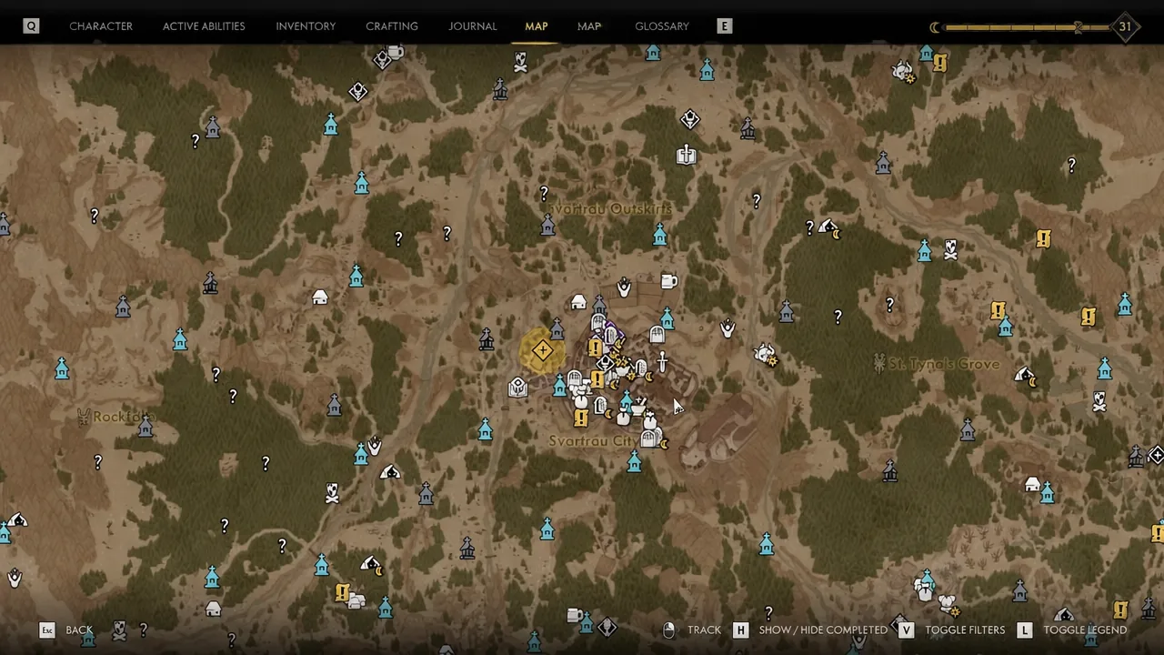 World map open with the cursor hovering over clustered city markers in north-central Svartrau