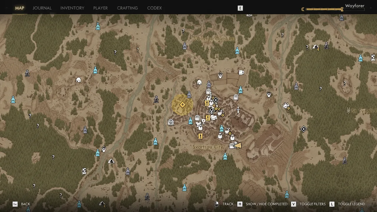 Map screen with a yellow objective area highlighted in the south-east of the city