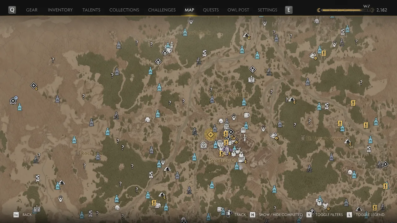 Map tab open on the world map, showing travel and quest markers around the southern districts