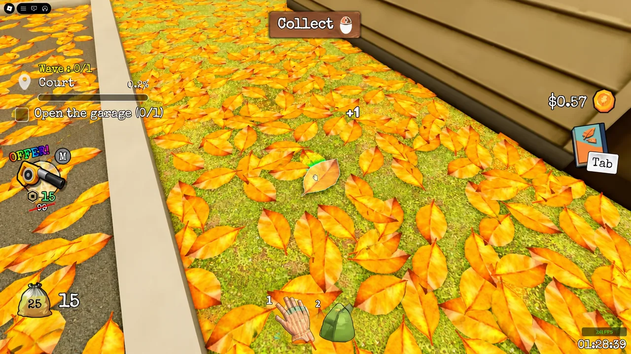 The Collect prompt appearing over a highlighted pickup during a leaf-clearing run