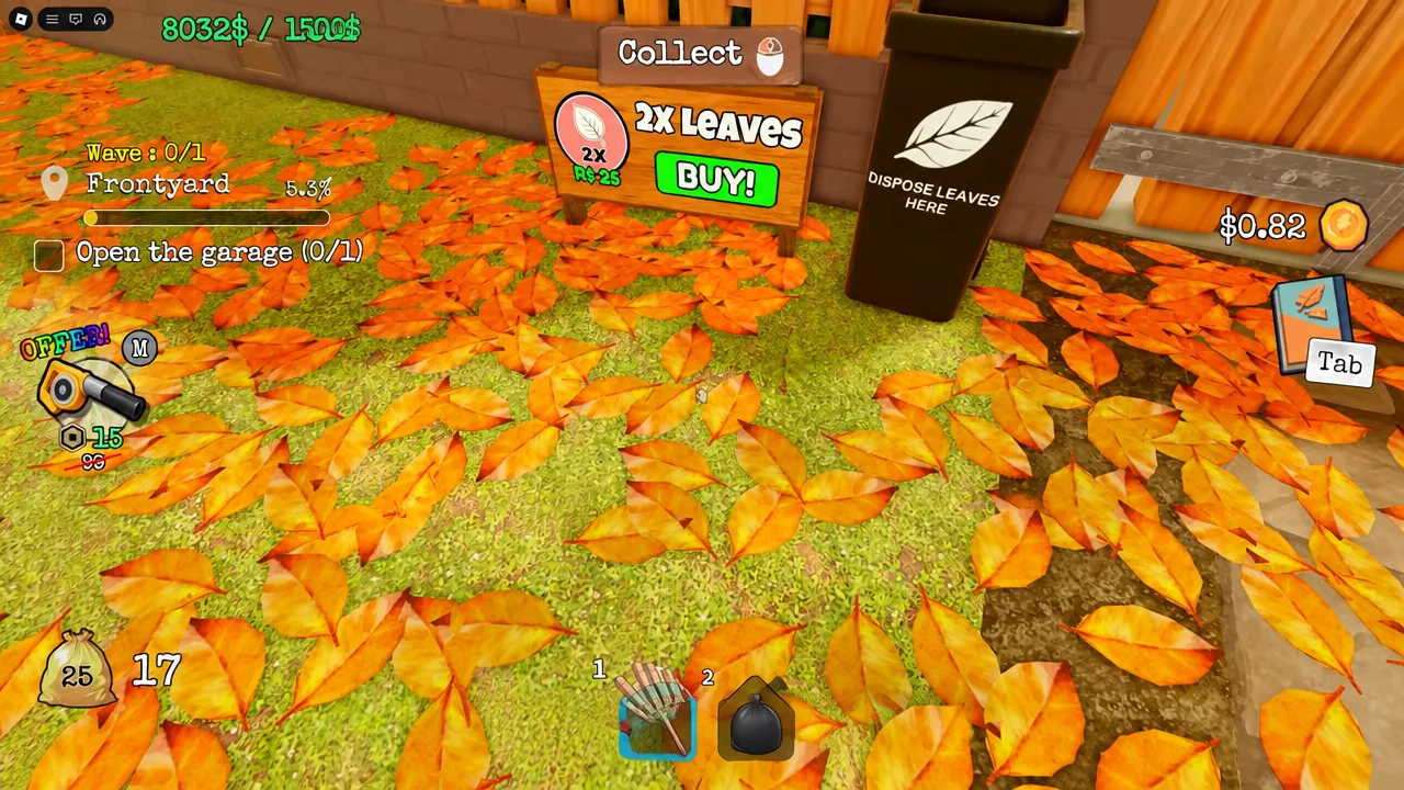 A leaf-covered zone in Clean All The Leaves during an active cleaning run