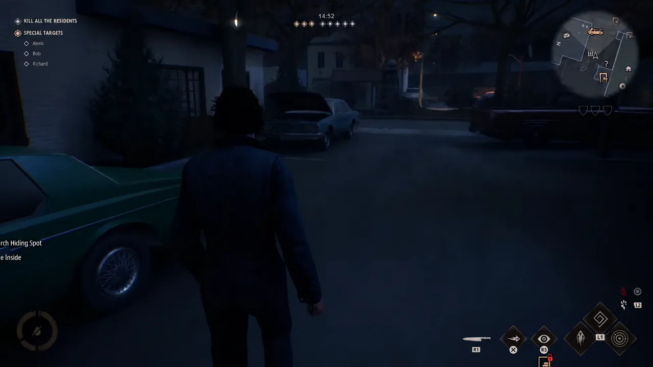 Suburban street at night in Halloween: The Game with houses and driveways in view