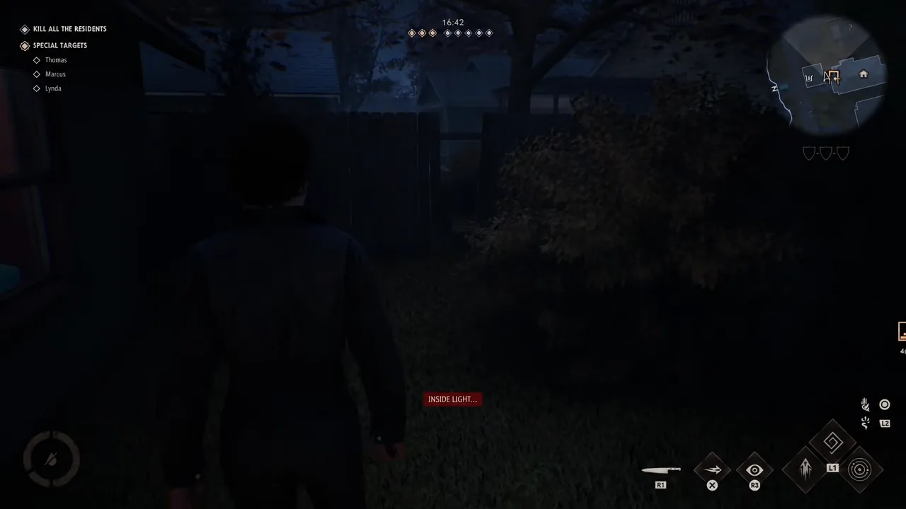 Dark residential yard at night with an indoor light warning showing on the HUD