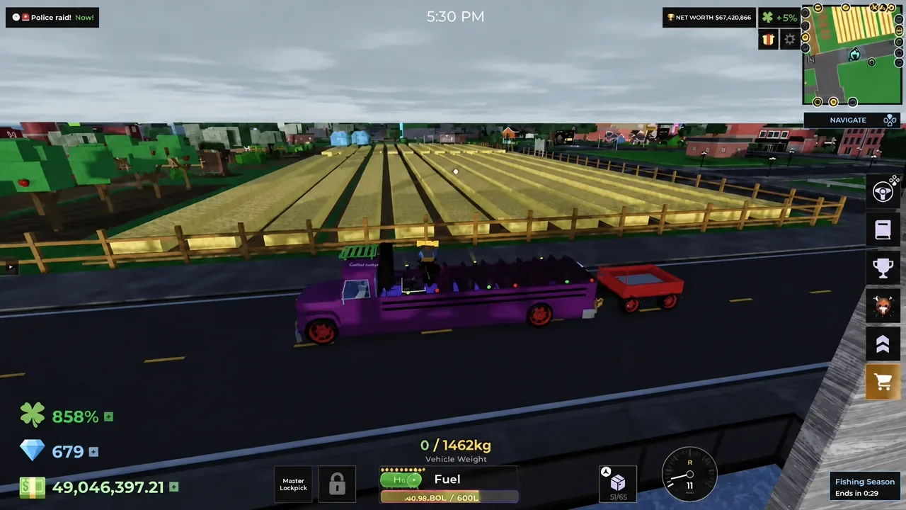 Player driving the purple Party Bus along the road with the Shop button highlighted