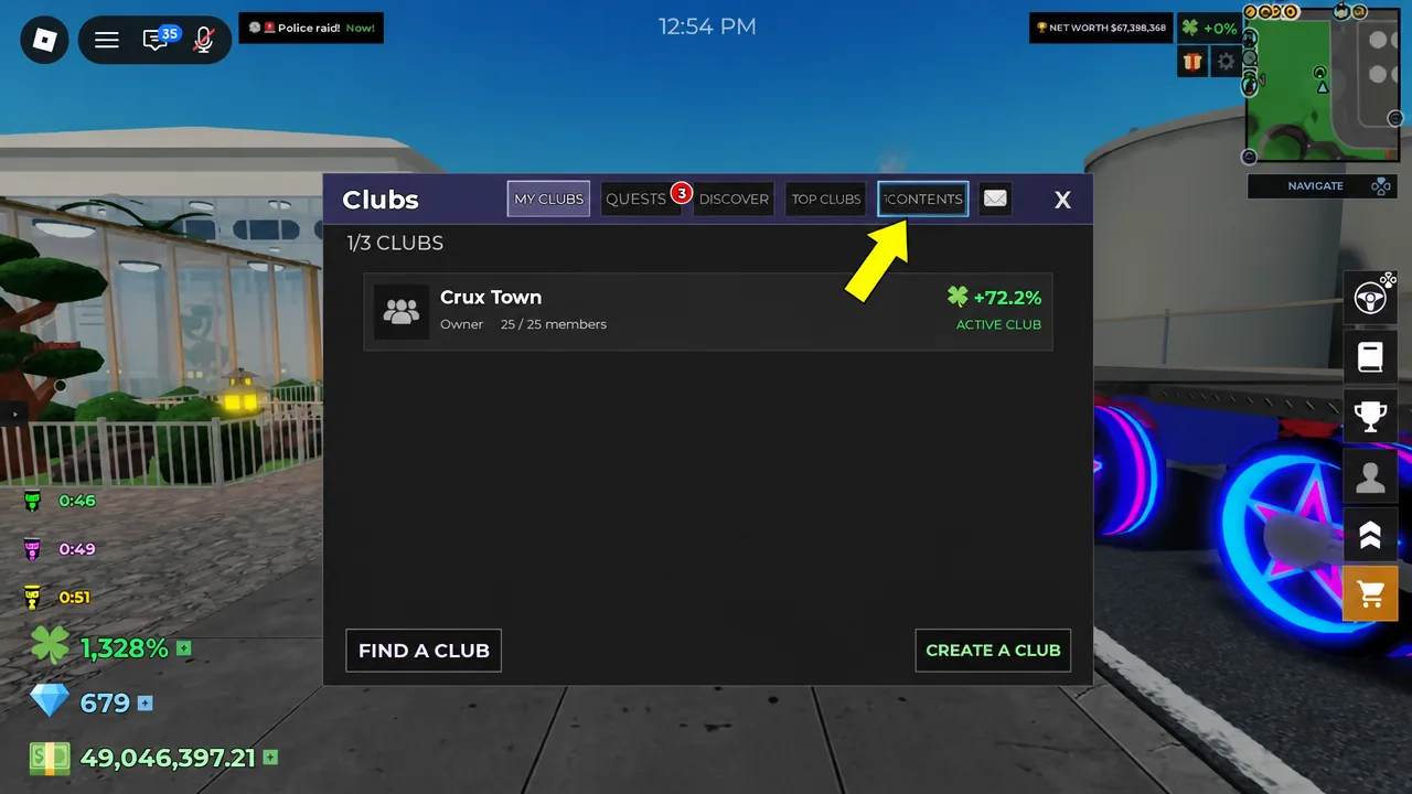 Clubs menu showing Crux Town as the active club with the Contents tab selected