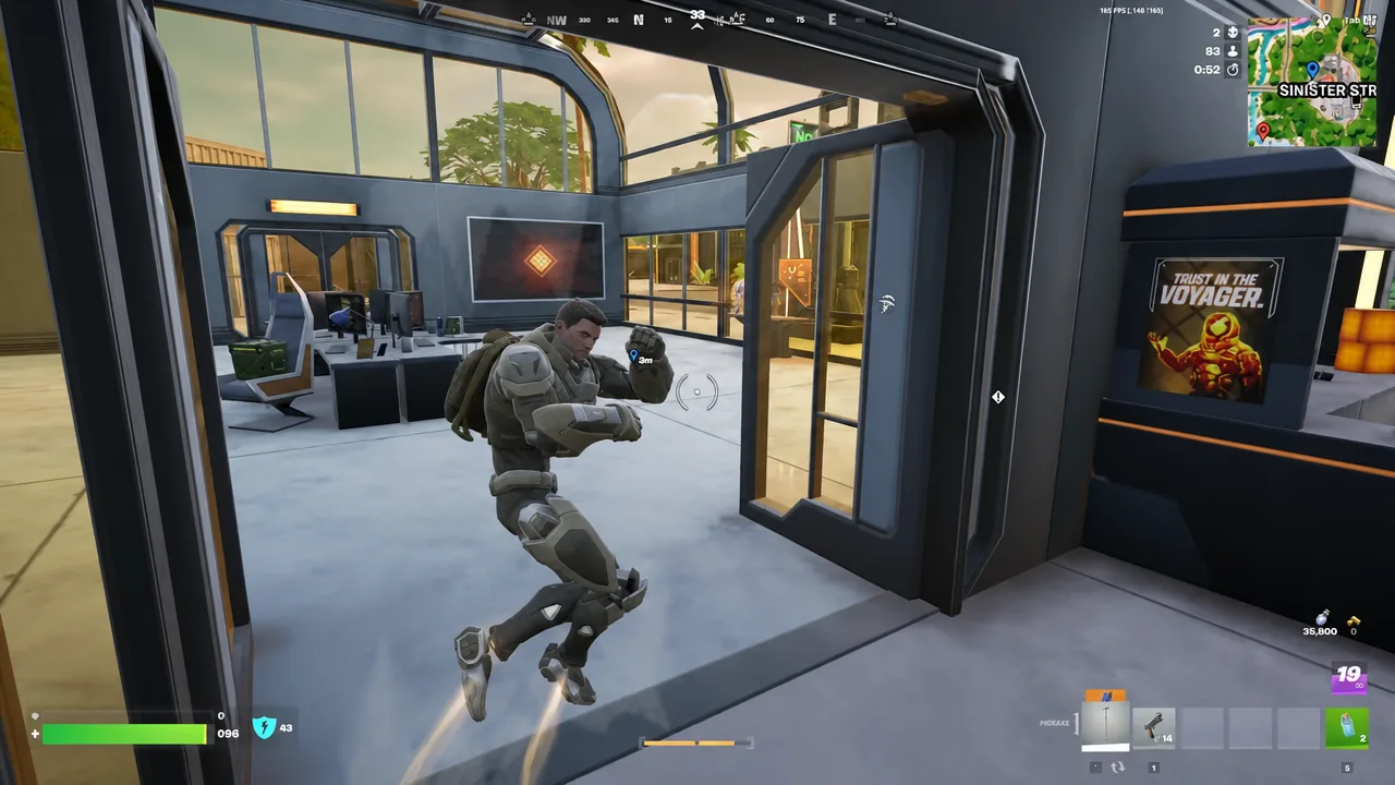 Player using rocket-powered boots to move through the interior of a building while hacking devices
