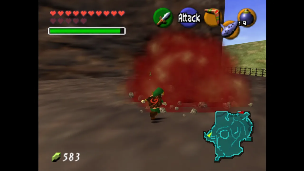 Link attacking an enemy during an explosion in Ocarina of Time with the combat HUD on screen