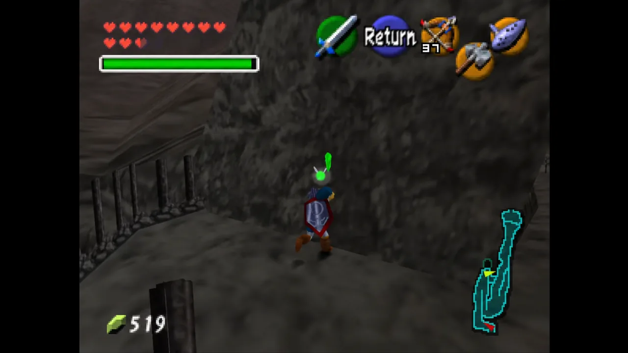 Link running down a dungeon corridor in Ocarina of Time with Navi floating above him