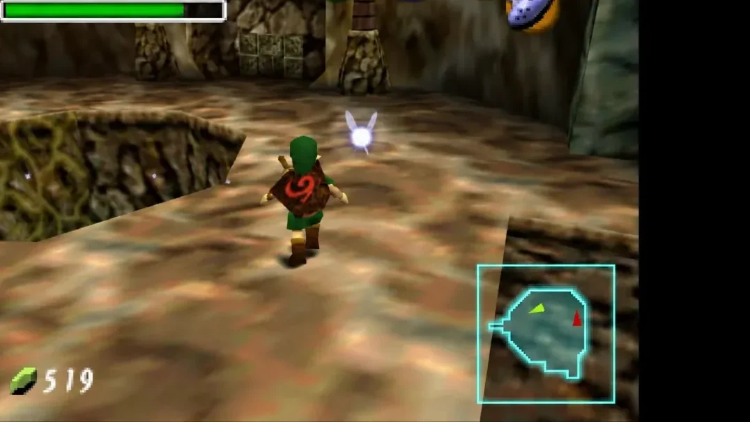 Link walking toward Navi in Ocarina of Time with hearts, rupee count and minimap on screen