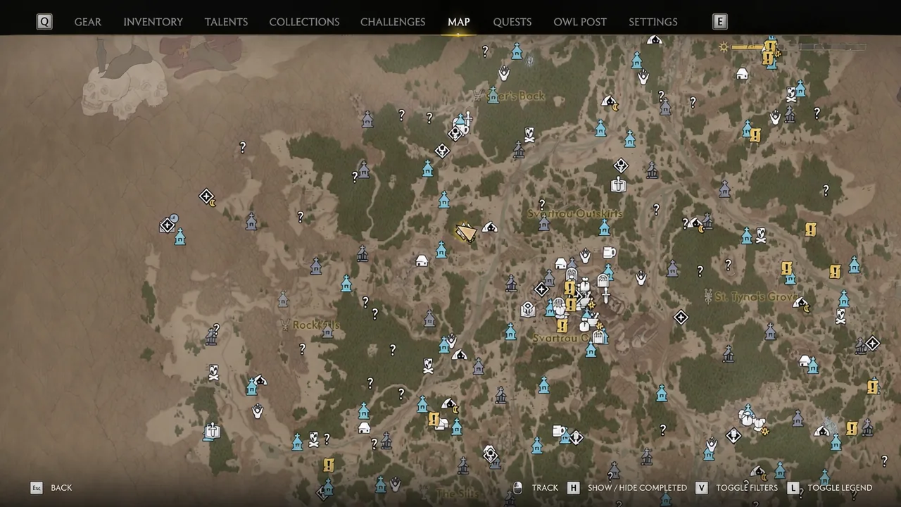 Map screen showing the Mass Grave skull marker in the woods northeast of Shrike's Crag