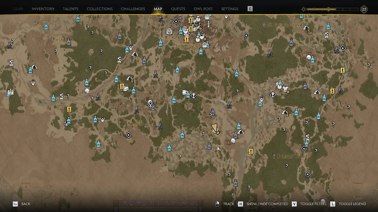 Map screen displaying the Destroyed Caravan marker west of the Howling Keep in Tantari Woods