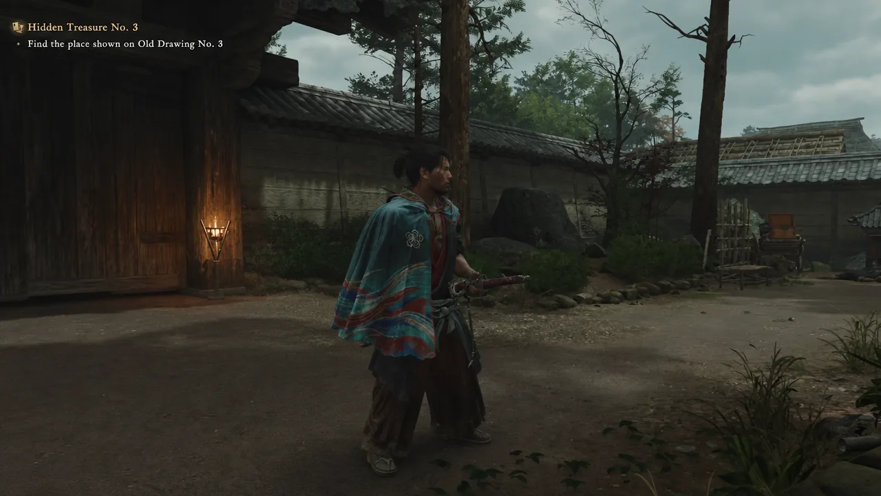 Objective text reading Hidden Treasure No. 3 as Musashi searches the temple courtyard