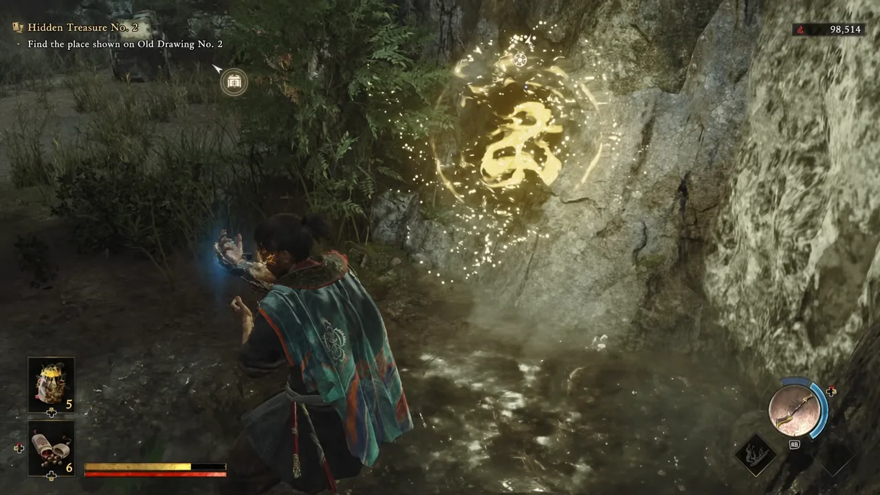 Musashi standing on a Kyoto rooftop as the Oni gauntlet reacts to a buried chest