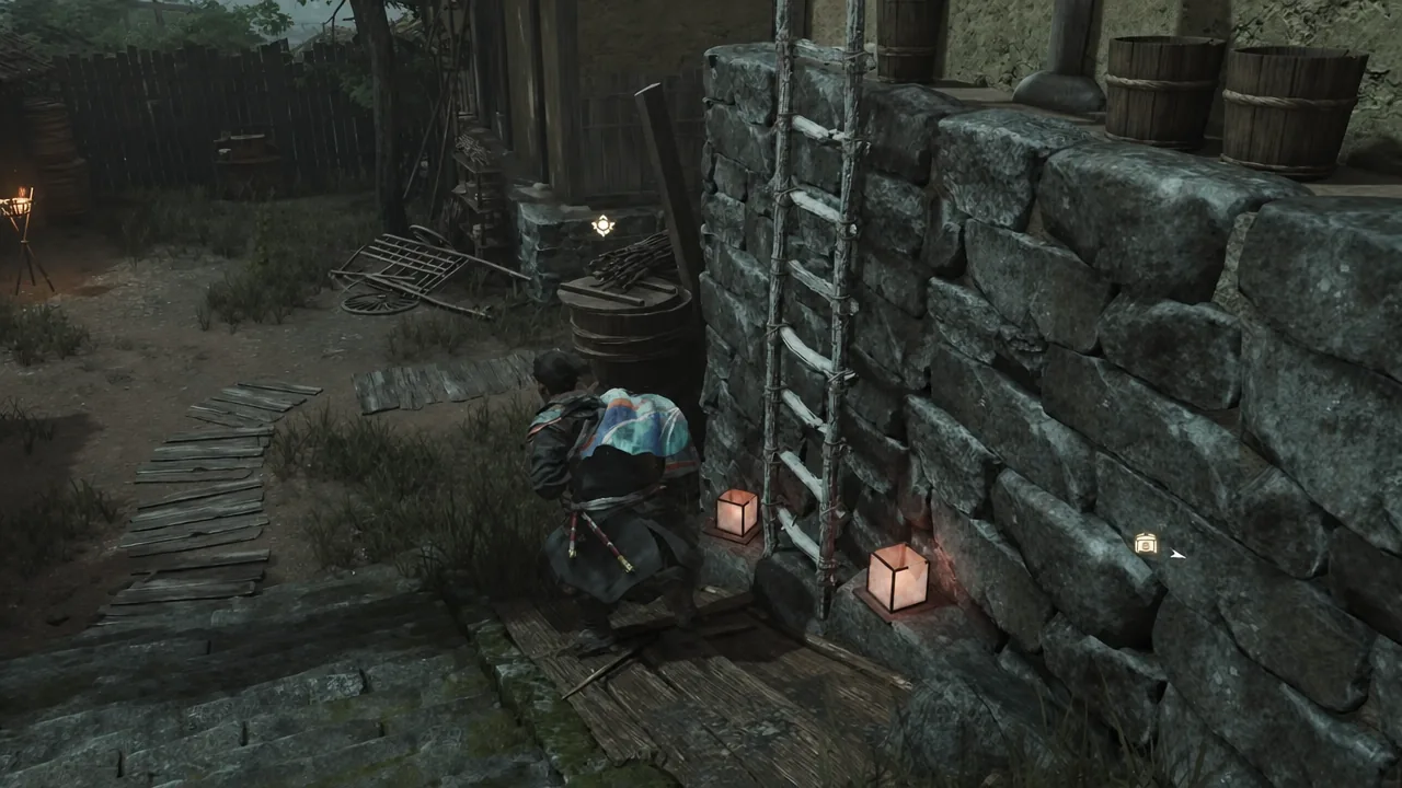 Musashi crouching beside lit lanterns while moving toward a highlighted objective in the courtyard