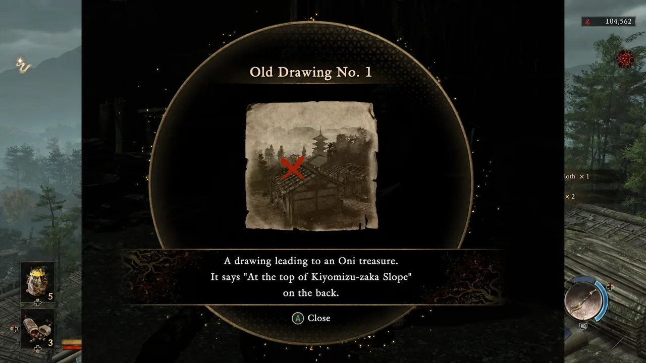 Old Drawing No. 1 item screen showing the sketched treasure location and its riddle text