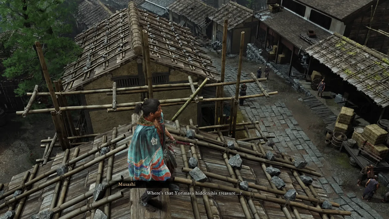 Musashi on bamboo scaffolding as a subtitle asks where Yorimasa hid his treasure